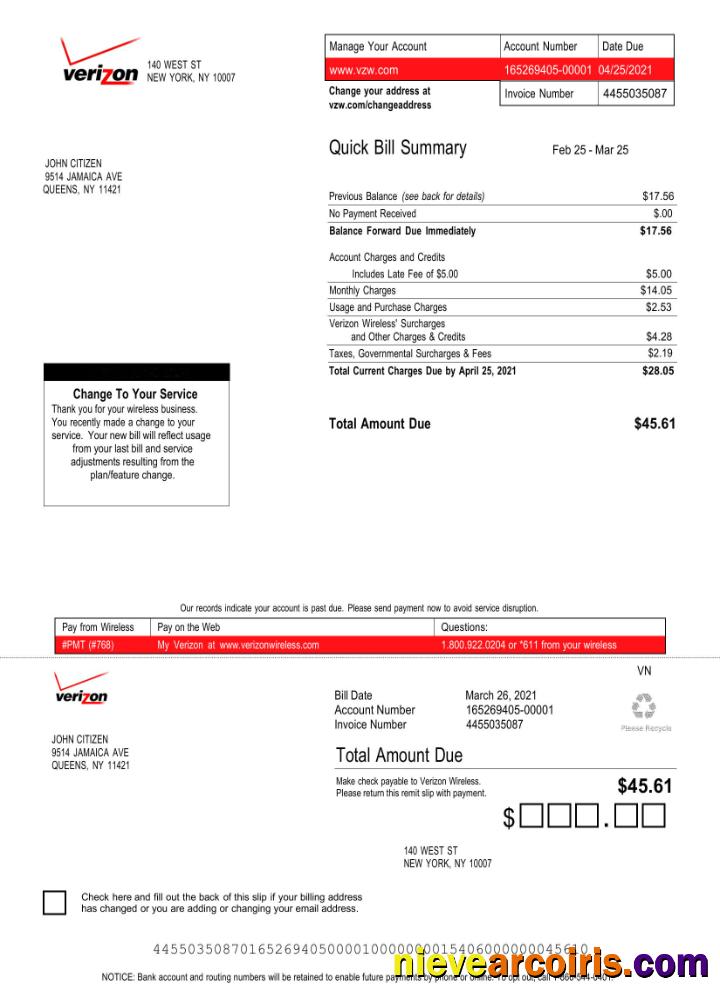 Editable USA Verizon Utility Bill Word And PDF Template, Version 3