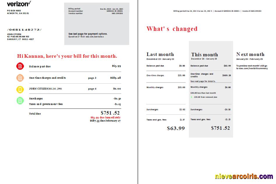 Editable USA Verizon Utility Bill Template In Word And PDF Formats, 2 Pages