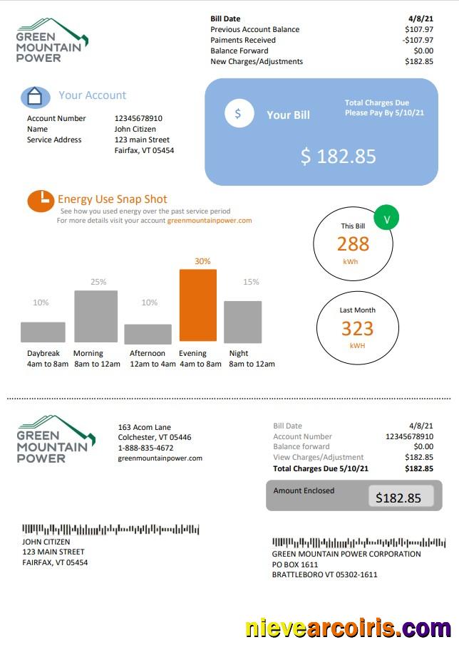 USA Vermont Green Mountain Power Electricity Utility Bill In Word And PDF Format Sample