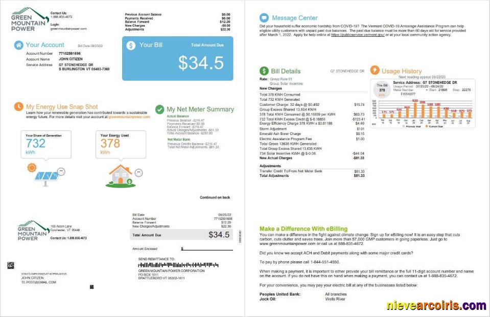 Editable USA Vermont Green Mountain Power Utility Bill, Word And PDF Template, 2 Pages