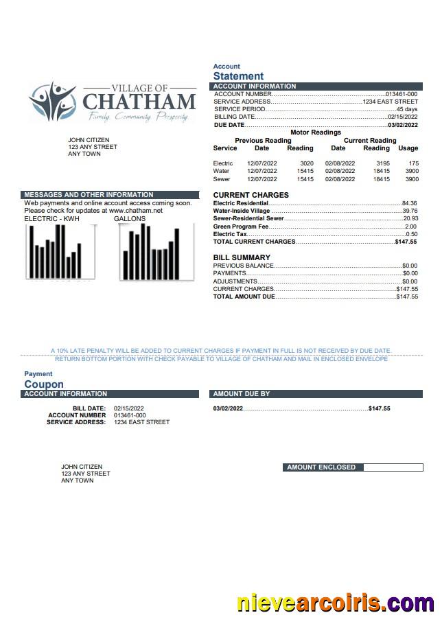 Realistic USA Village Of Chatham Utility Bill Template In Word And PDF Format
