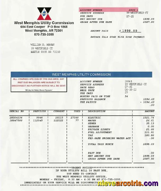 Editable USA WEST MEMPHIS UTILITY COMMISSION Utility Bill Word And PDF Template