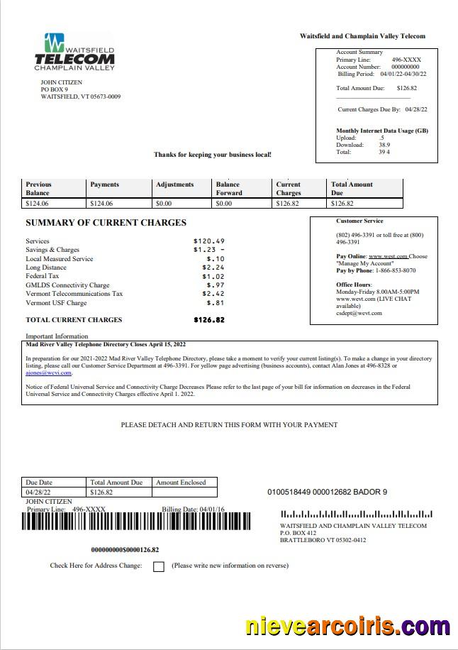 Premium USA Waitsfield Telecom Utility Bill Template In Word And PDF Format