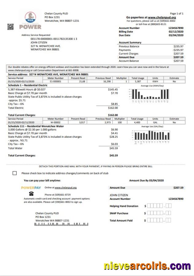 Professional USA Washington Chelan County PUD Utility Bill Template In Word And PDF Format