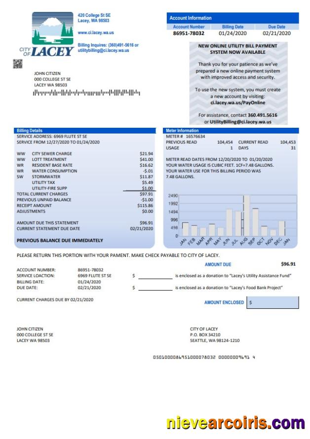 Premium USA Washington City Of Lacey Water Utility Bill Template In Word And PDF Format (proof Of Address)