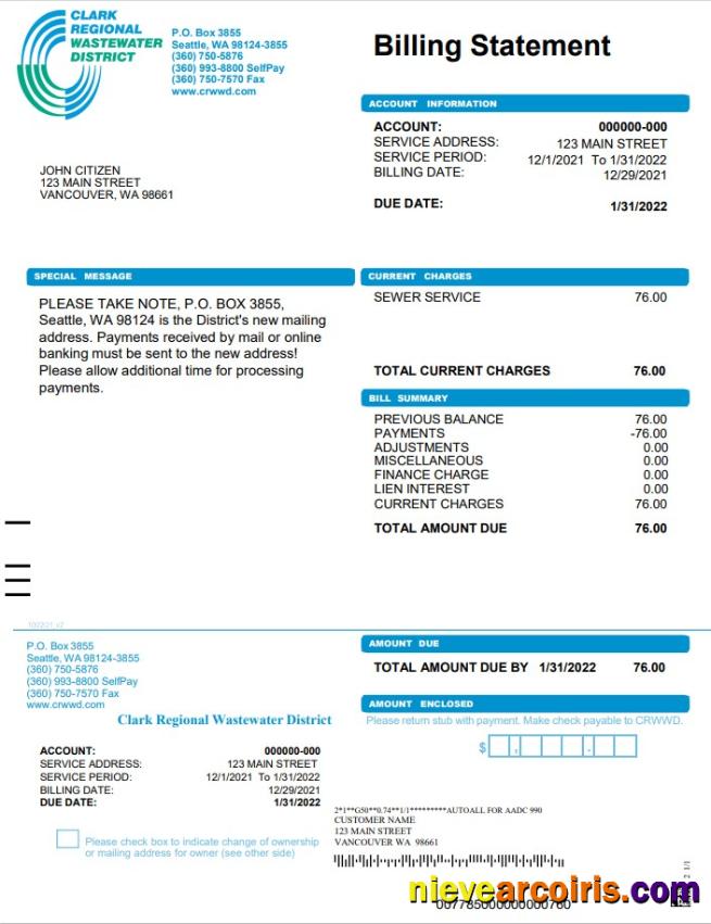 Editable USA Washington Clark Regional Wastewater District Utility Bill, Word And PDF Template
