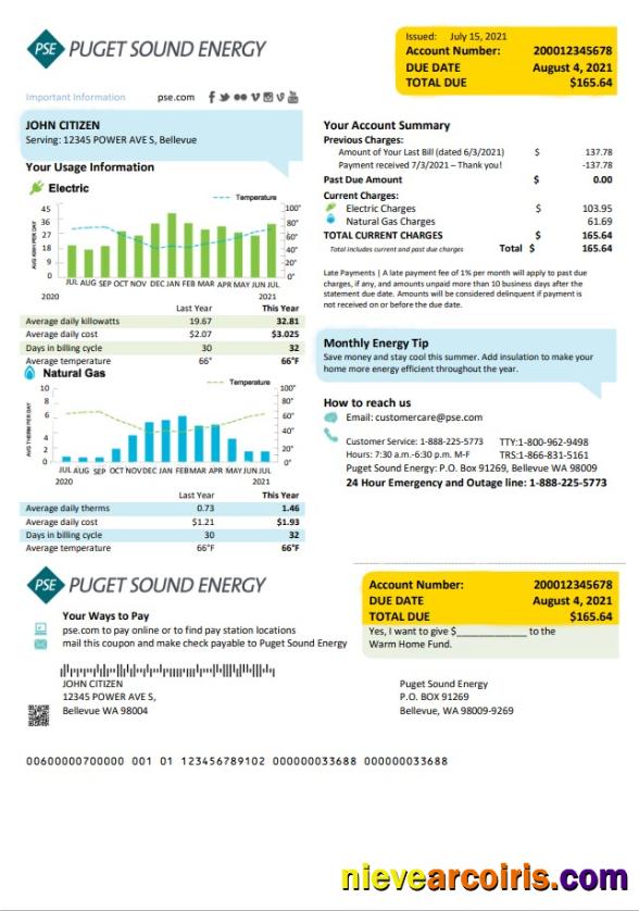 Editable USA Washington Puget Sound Energy Utility Bill Template In Word And PDF Format