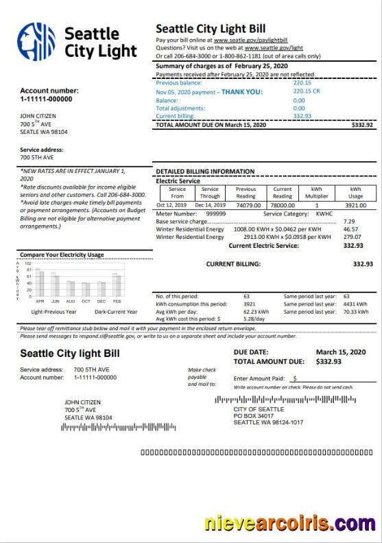 Editable USA Washington Seattle City Light Utility Bill Template In Word And PDF Format