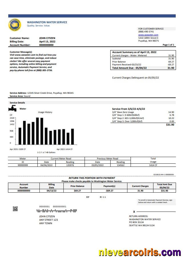 Realistic USA Washington Water Service Utility Bill Template In Word And PDF Format