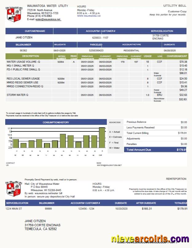 Editable USA Wauwatosa Water Utility Bill Template In Word And PDF Formats