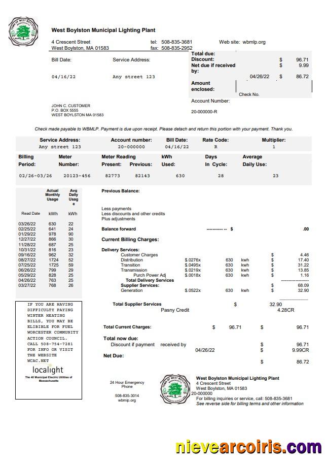 Professional USA West Boylston Utility Bill Template In Word And PDF Format