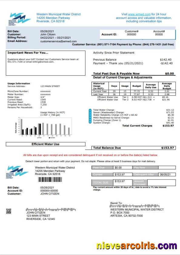 Realistic USA Western Municipal Water District Utility Bill Template In Word And PDF Format