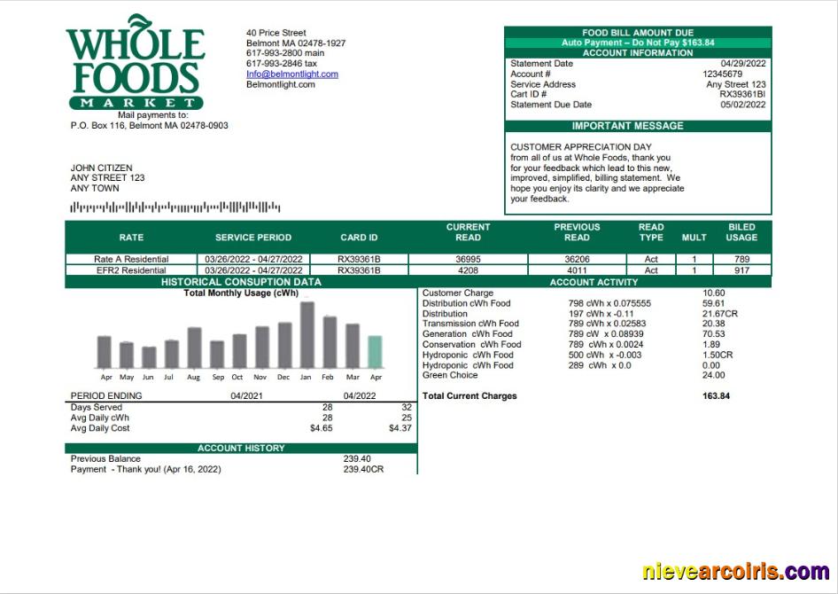 Realistic USA Whole Foods Market Utility Bill Template In Word And PDF Format