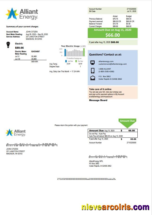 Premium USA Wisconsin Alliant Energy Electricity Utility Bill Template In Word And PDF Format