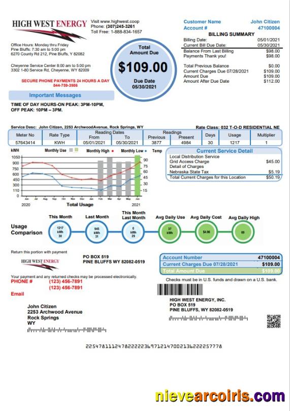 USA Wyoming High West Energy Utility Bill In Word And PDF Format, Version 2 Sample