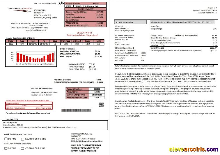 USA Wyoming High West Energy Utility Bill In Word Anf PDF Format (2 Pages) Template