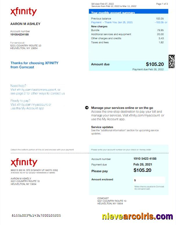 Professional USA XFINITY Utility Bill Word And PDF Template, Version 2