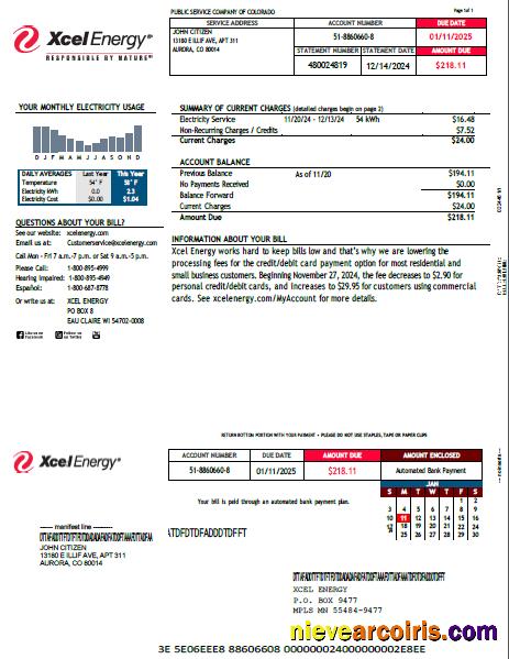 Premium USA Xcel Energy Utility Bill Template In Word And PDF Formats, Version 2