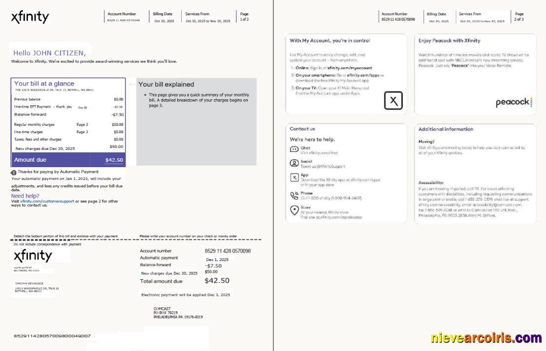 Premium USA Xfinity Utility Bill Template In Word And PDF Formats, 3 Pages, Version 4, 1 2 Pages