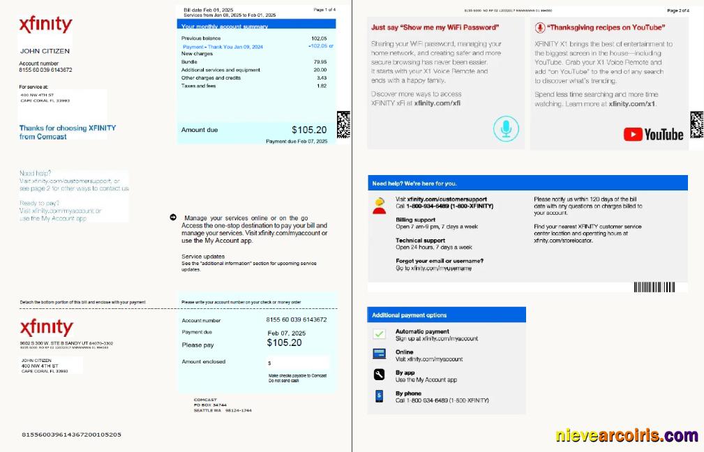 Realistic USA Xfinity Utility Bill Template In Word And PDF Formats, 4 Pages, Version 3, 1 2 Pages