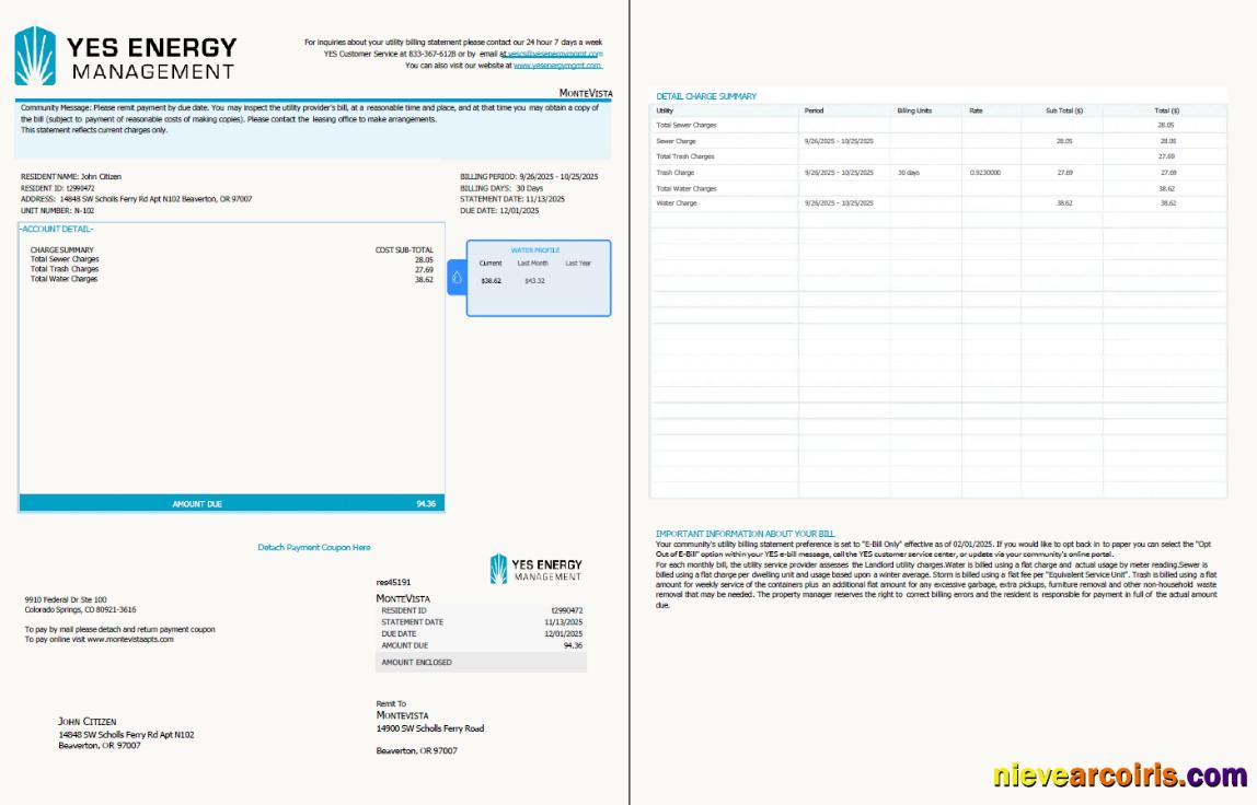 Realistic USA YES Energy Management Utility Bill Template In Word And PDF Formats, 2 Pages