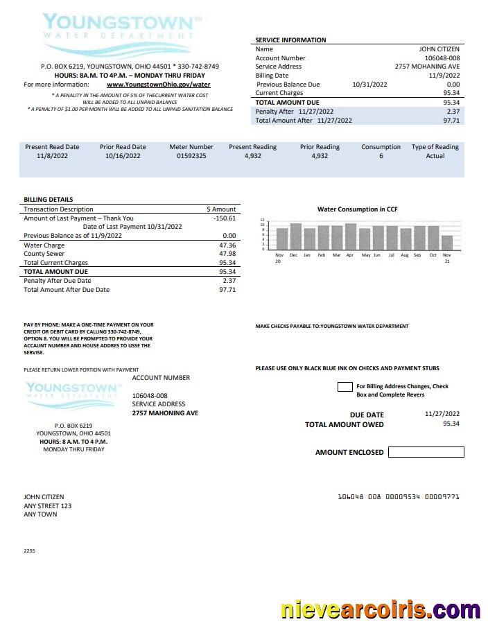 Editable USA Youngstown Water Department Utility Bill Template In Word And PDF Format