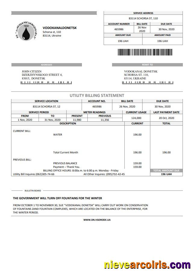 Realistic Ukraine Vodokanal Donetsk (Донецькмиськводоканал) Utility Bill Template In Word And PDF Format