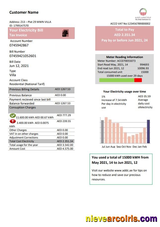 Realistic United Arab Emirates Abu Dhabi Distribution Electricity Utility Bill Template In Word And PDF Format
