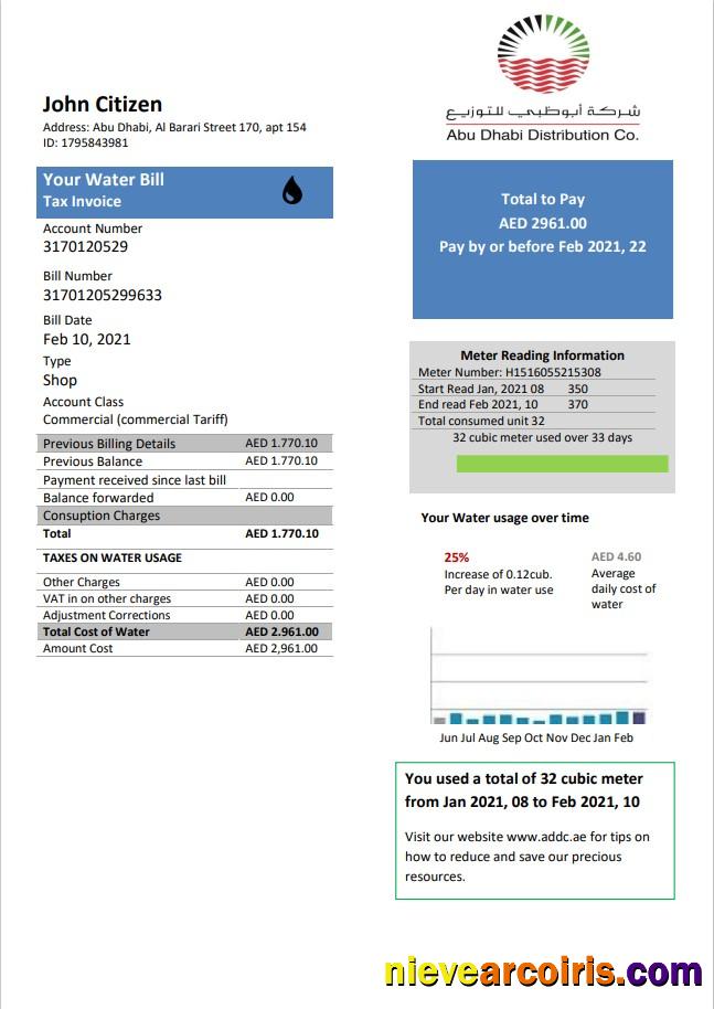 Realistic United Arab Emirates Abu Dhabi Distribution Water Utility Bill Template In Word And PDF Format