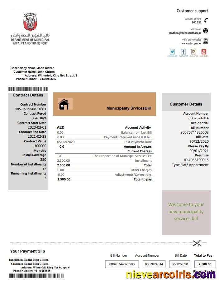 Editable United Arab Emirates Abu Dhabi Municipality Service Utility Bill Template In Word And PDF Format
