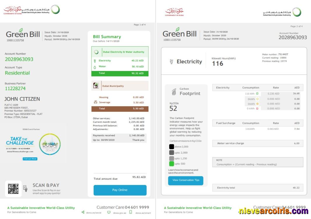 Editable United Arab Emirates Dubai Electricity & Water Authority Utility Bill Template In Word And PDF Format (4 Pages) 1 2
