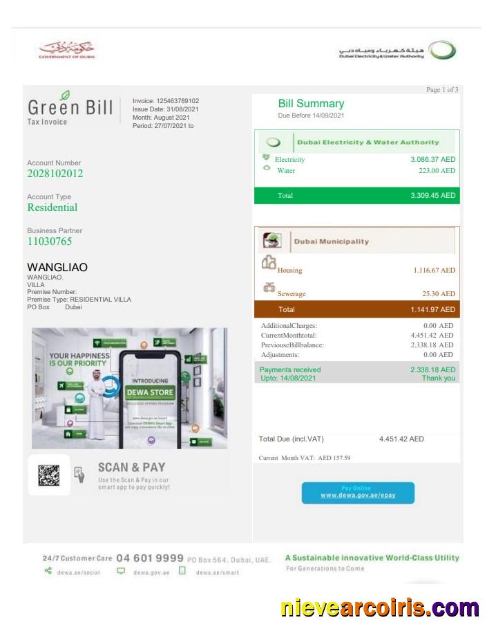 Editable United Arab Emirates Dubai Green Utility Bill Template In Word And PDF Format, Fully Editable