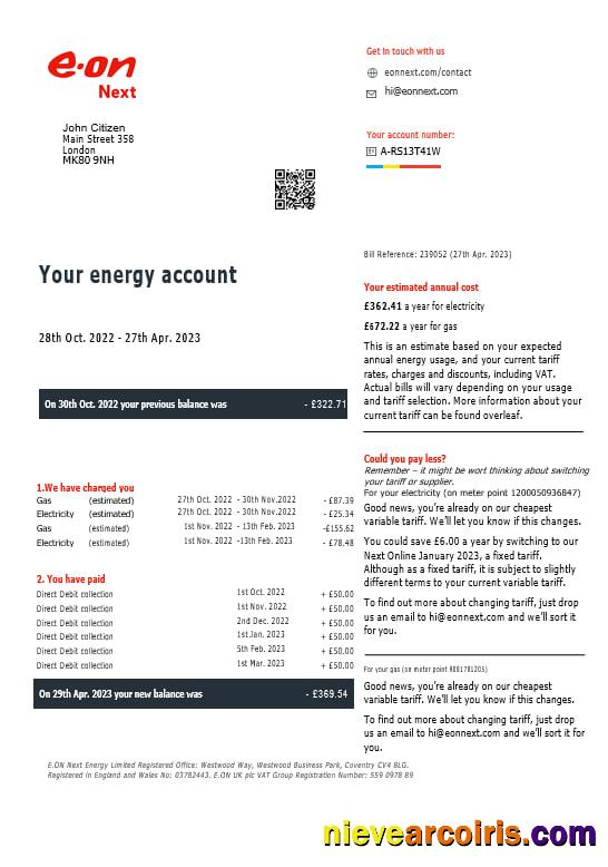 United Kingdom Eon Gas And Electricity Utility Bill In Word And PDF Formats, Version 7 Preview
