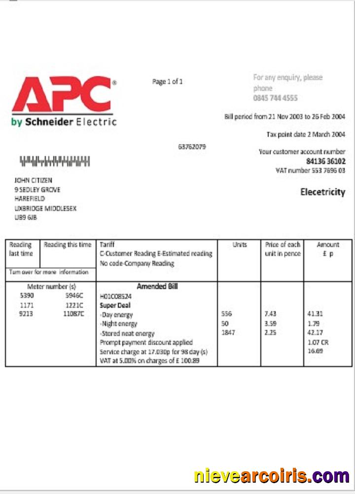 Editable United Kingdom APC Electricity Utility Bill Template In Word And PDF Format