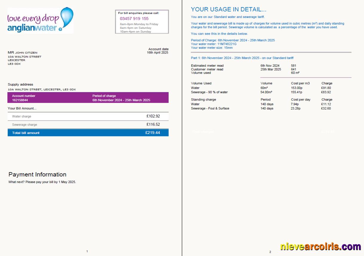 Premium United Kingdom Anglian Water Utility Bill Template In Word And PDF Formats, 2 Pages