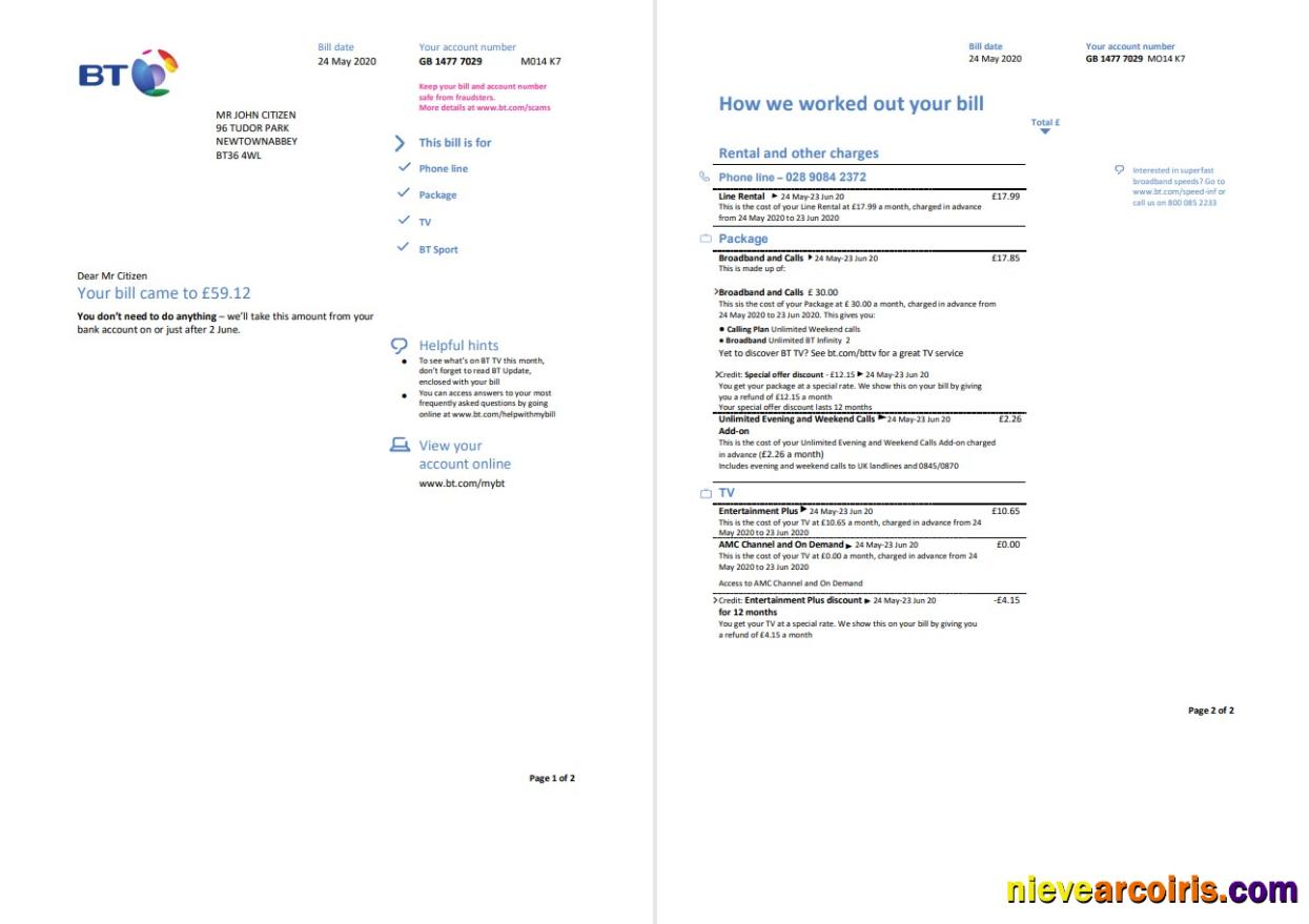 Editable United Kingdom BT Utility Bill Template In Word And PDF Format, 2 Pages