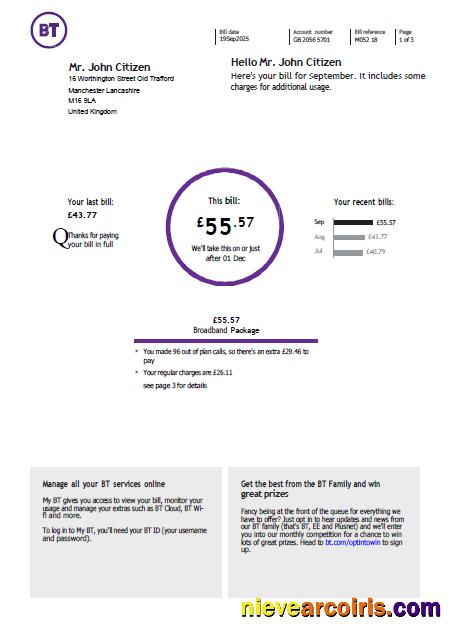 Realistic United Kingdom BT Utility Bill Template In Word And PDF Formats