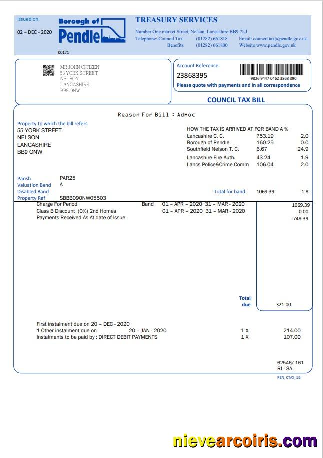 Premium United Kingdom Borough Of Pendle Council Tax Bill Template In Word And PDF Format