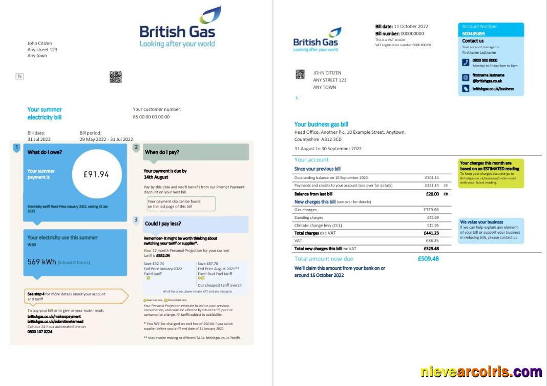 Premium United Kingdom British Gas Bill, Word And PDF Template, 2 Pages