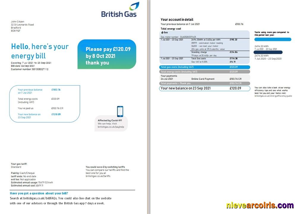 Professional United Kingdom British Gas Utility Bill Template In Word And PDF Format (2 Pages), Version 3
