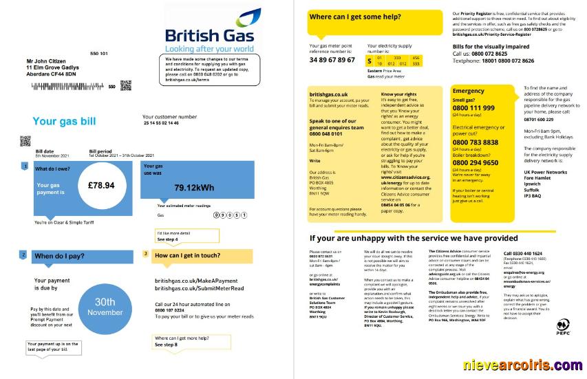 Professional United Kingdom British Gas Utility Bill Template In Word And PDF Format Fully Editable (2 Pages) Version 1