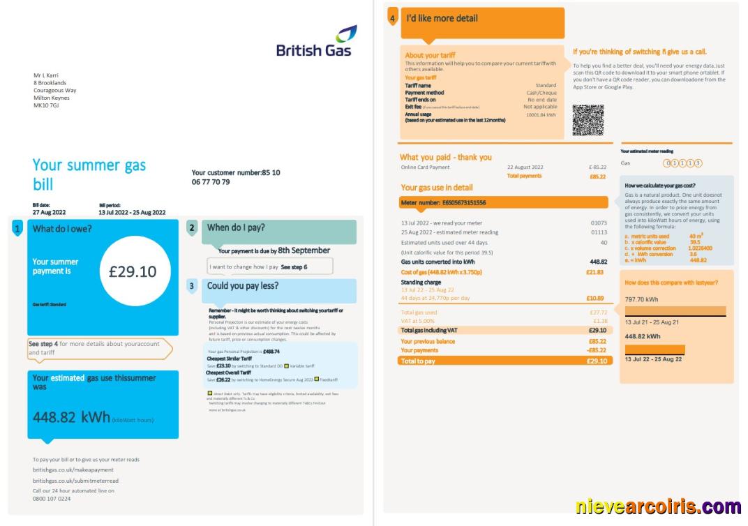 Editable United Kingdom British Gas Utility Bill, Word And PDF Template, 4 Pages 1 2