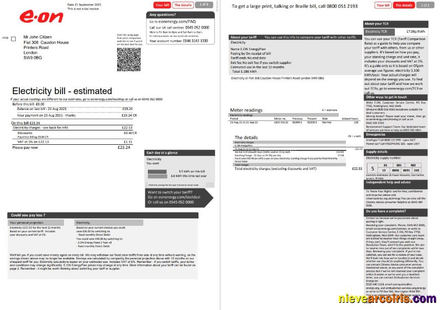 Editable United Kingdom E.ON Electricity Utility Bill Template In Word And PDF Format, 2 Pages, Version 1