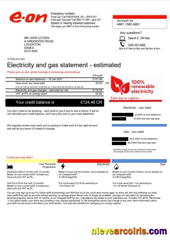 Realistic United Kingdom E.ON Utility Bill Template In Word And PDF Format, Version 3 2