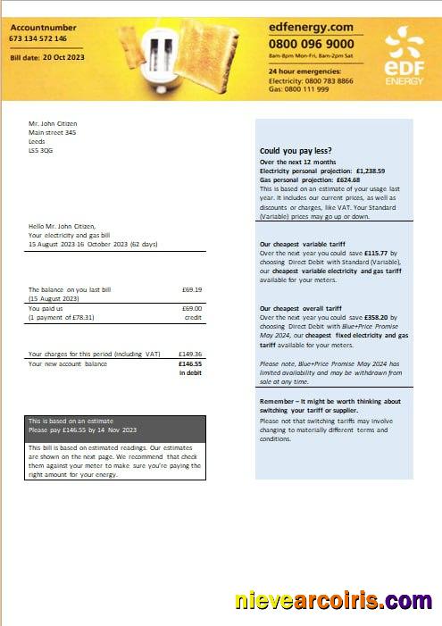 United Kingdom EDF Energy Electricity And Gas Utility Bill Word And PDF Formats Preview