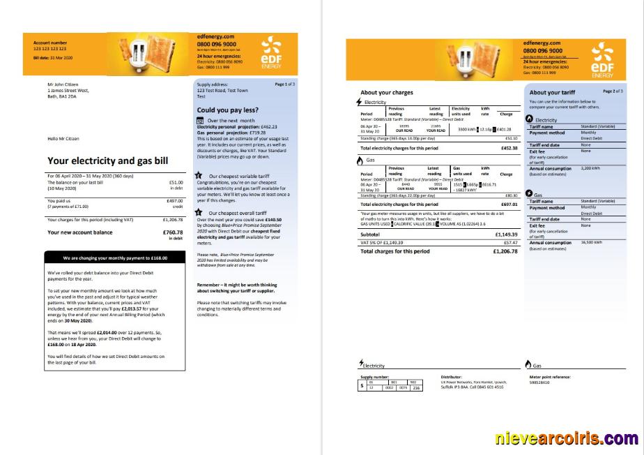 Editable United Kingdom EDF Utility Bill Template In Word And PDF Format (3 Pages) 1 2