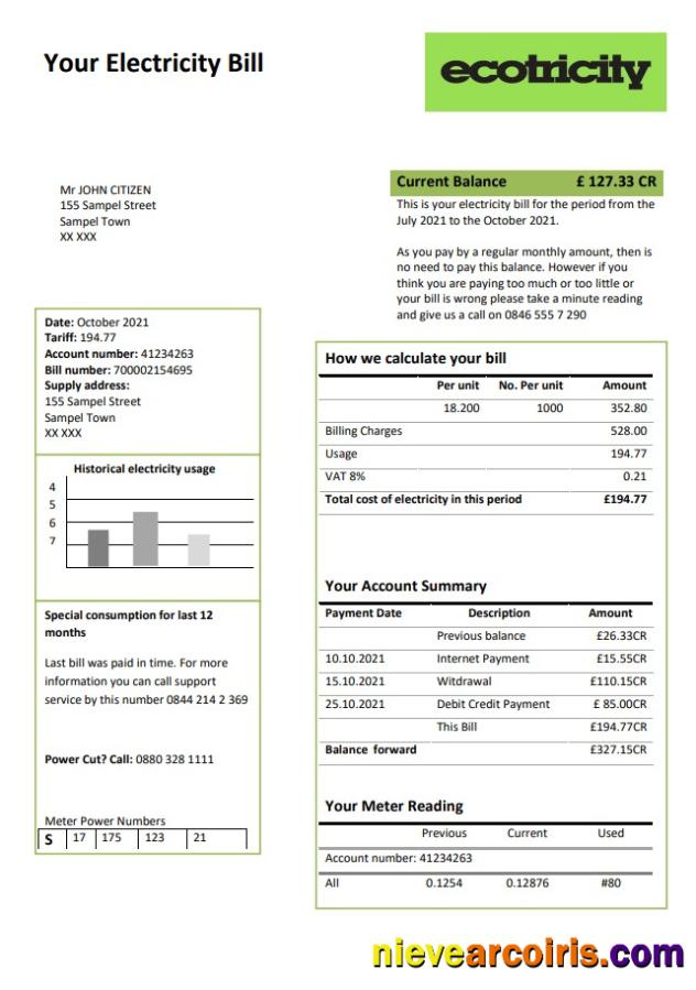 Editable United Kingdom Ecotricity Electricity Utility Bill Template In Word And PDF Format (.doc And .pdf)