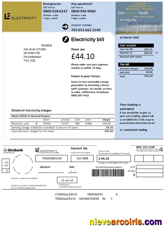 Professional United Kingdom Electricity Utility Bill Template In Word And PDF Format