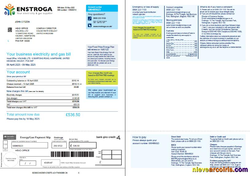 Premium United Kingdom Enstroga Utility Bill Template In Word And PDF Formats, 2 Pages