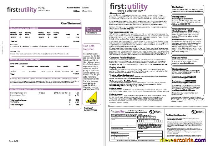 United Kingdom First Gas And Electricity Utility Bill In Word And PDF Formats, 6 Pages.. Sample